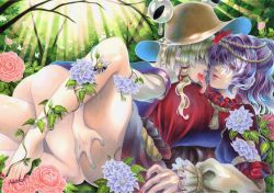 Rule 34 | 2girls, ass, barefoot, bee, blonde hair, blue hair, breasts, bug, couple, day, feet, flower, forest, girl on top, hair ornament, hat, highres, imminent kiss, insect, large breasts, leaf hair ornament, lips, long tongue, lying, marker (medium), medium hair, moriya suwako, multiple girls, nail, nature, on back, outdoors, plant, purple vest, red eyes, rope, shimenawa, sunlight, teeth, thigh grab, thighs, toes, tongue, touhou, traditional media, tree, upper teeth only, vest, vines, whoru, yasaka kanako, yellow eyes, yuri
