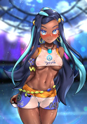 Rule 34 | 1girl, abs, armlet, belly chain, bikini, black hair, blue eyes, blue hair, blurry, blurry background, blush, breasts, cameltoe, cleft of venus, closed mouth, commentary, covered erect nipples, cowboy shot, creatures (company), dark-skinned female, dark skin, earrings, embarrassed, eyeshadow, foxyreine, game freak, gym leader, hair bun, highres, holding, holding poke ball, hoop earrings, jewelry, long hair, makeup, multicolored hair, navel, necklace, nessa (pokemon), nintendo, poke ball, poke ball (basic), pokemon, pokemon swsh, shiny skin, single hair bun, solo, swimsuit, tankini, two-tone hair