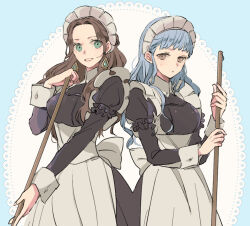 Rule 34 | 2girls, alternate costume, alternate hairstyle, apron, black dress, blue hair, blush, broom, brown eyes, brown hair, closed mouth, commentary, dorothea arnault, dress, earrings, enmaided, fire emblem, fire emblem: three houses, green eyes, grin, holding, holding broom, holding weapon, jewelry, juliet sleeves, long hair, long sleeves, looking at viewer, maid, maid headdress, marianne von edmund, multiple girls, nintendo, puffy sleeves, smile, tenjin (ahan), waist apron, wavy hair, weapon, white apron