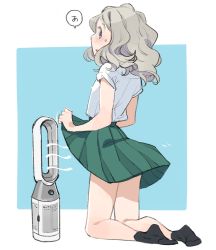 Rule 34 | 1girl, black socks, bladeless fan, blue eyes, chibikko (morihito), clothes lift, electric fan, eyebrows, fanning crotch, from behind, green skirt, highres, morihito, original, pleated skirt, school uniform, short sleeves, skirt, skirt hold, skirt lift, socks, solo, thick eyebrows