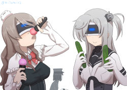 Rule 34 | 3girls, akitsu maru (kancolle), black hair, black hat, commentary request, controller, cucumber, game controller, grey hair, hat, head-mounted display, kantai collection, long hair, military, military hat, military uniform, mini hat, misumi (niku-kyu), multiple girls, one side up, peaked cap, playing games, playstation vr, pola (kancolle), short hair, simple background, smile, suzutsuki (kancolle), twitter username, uniform, wavy hair, white background