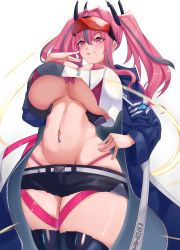 Rule 34 | 1girl, :3, :p, absurdres, azur lane, belt, bikini, black shorts, blue jacket, blue thighhighs, blush, breasts, bremerton (azur lane), cleavage, commentary, cowboy shot, cromwellb, crop top, cutoffs, ear piercing, eyewear on head, front-tie bikini top, front-tie top, grey belt, grey hair, groin, hair between eyes, hair intakes, hair ornament, hand on own hip, hand up, highleg, highleg bikini, highres, hood, hood down, hooded jacket, jacket, large breasts, long hair, long sleeves, looking away, midriff, multicolored hair, navel, navel piercing, no mole, open clothes, open jacket, piercing, pink bikini, pink eyes, pink hair, red-tinted eyewear, short shorts, shorts, sidelocks, simple background, skindentation, smile, solo, standing, streaked hair, sunglasses, sunglasses on head, swimsuit, thigh strap, thighhighs, tinted eyewear, tongue, tongue out, twintails, two-tone hair, underboob, white background
