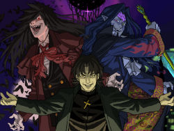 Rule 34 | 00s, 3boys, alucard (hellsing), bad id, bad pixiv id, black hair, blue hair, blue skin, cassock, colored skin, count of monte cristo (gankutsuou), cross, crossover, fangs, fate/stay night, fate (series), gankutsuou, green eyes, hellsing, heterochromia, kotomine kirei, long coat, long hair, male focus, mohatch, multiple boys, nakata jouji, outstretched hand, pointy ears, red eyes, shigeyama mohachi, staff, trait connection, voice actor connection