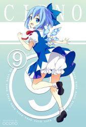 Rule 34 | 1girl, ankle socks, artist name, bad id, bad pixiv id, bloomers, blue dress, blue eyes, blue hair, bow, character name, circled 9, cirno, clothes lift, dress, dress lift, from behind, hair bow, ice, ice wings, leg up, looking at viewer, looking back, mary janes, okono, puffy short sleeves, puffy sleeves, shoes, short hair, short sleeves, socks, solo, touhou, underwear, wings