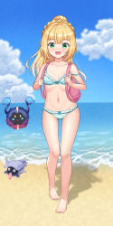 Rule 34 | 1girl, 2others, absurdres, backpack, bag, barefoot, beach, blonde hair, bow, bow bra, bow panties, bra, breasts, cloud, collarbone, cosmog, creatures (company), feet, full body, game freak, gen 1 pokemon, gen 7 pokemon, gluteal fold, green eyes, happycloud, highres, legendary pokemon, legs, lillie (pokemon), long hair, multiple others, navel, nintendo, ocean, open mouth, outdoors, panties, pokemon, pokemon (creature), pokemon sm, ponytail, shellder, sky, small breasts, smile, striped bra, striped clothes, striped panties, thigh gap, thighs, toes, underwear, underwear only