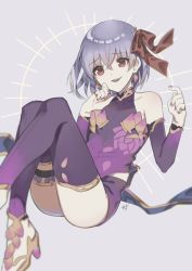 Rule 34 | 1girl, armlet, armor, ass, bare shoulders, bikini armor, bracelet, breasts, collar, detached sleeves, dress, earrings, fate/grand order, fate (series), floating, floral print, hair ribbon, high heels, jewelry, kama (fate), kama (first ascension) (fate), legs, looking at viewer, metal collar, miniskirt, open mouth, oshage (osyage921), pelvic curtain, purple dress, purple skirt, purple sleeves, purple thighhighs, red eyes, red ribbon, ribbon, ring, short hair, silver hair, skirt, small breasts, smile, thighhighs, thighlet