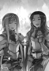 Rule 34 | 2girls, :d, alice zuberg, armor, breastplate, bunbun, cowboy shot, closed eyes, fanatio synthesis two, gauntlets, greyscale, hair intakes, hairband, highres, long hair, monochrome, multiple girls, novel illustration, official art, open mouth, outstretched hand, pauldrons, shoulder armor, smile, standing, sword art online