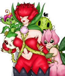 Rule 34 | boxing gloves, cactus, cape, covered eyes, digimon, digimon (creature), fairy, flower, highres, lilimon, mask, monster girl, nail polish, palmon, petals, plant, plant girl, rosemon, sharp teeth, spines, tanemon, teeth, togemon