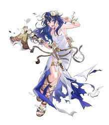 Rule 34 | 1girl, axe, bare shoulders, blue eyes, blue hair, bracelet, dress, feet, female focus, fire emblem, fire emblem awakening, fire emblem heroes, flower, full body, hair ornament, highres, holding, holding axe, holding weapon, jewelry, long dress, long hair, lucina (fire emblem), lucina (valentine) (fire emblem), matching hair/eyes, nintendo, non-web source, official art, one eye closed, open mouth, sandals, sleeveless, solo, thighlet, toeless footwear, toes, torn clothes, torn dress, transparent background, weapon, white dress, wince