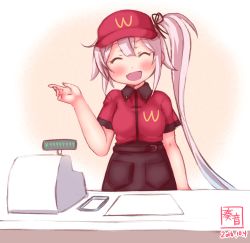 Rule 34 | 10s, 1girl, 2016, :d, ^ ^, alternate costume, apron, artist name, blue hair, blush, breasts, cash register, commentary request, dated, employee uniform, closed eyes, facing viewer, fast food uniform, flower, gradient hair, hair flower, hair ornament, harusame (kancolle), highres, kanon (kurogane knights), kantai collection, long hair, looking at viewer, mcdonald&#039;s, medium breasts, multicolored hair, open mouth, pink hair, ribbon, short sleeves, side ponytail, smile, solo, uniform, visor cap, waist apron, wcdonald&#039;s
