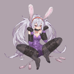 Rule 34 | 1girl, amiba (amiba00638239), animal ears, azur lane, bare shoulders, bdsm, bitchsuit, black pantyhose, blush, bondage, bound, bound arms, bound legs, breasts, collarbone, controller, elbow gloves, fake animal ears, female ejaculation, female focus, full body, gag, gagged, gloves, hairband, hands up, heart, heart-shaped pupils, improvised gag, laffey (azur lane), leotard, long hair, medium breasts, pantyhose, pink eyes, playboy bunny, purple background, purple gloves, purple leotard, pussy juice, pussy juice stain, rabbit ears, red hairband, remote control, remote control vibrator, sex toy, shiny clothes, silver hair, simple background, sitting, solo, spread legs, strapless, strapless leotard, symbol-shaped pupils, tape, tape gag, twintails, vibrator, vibrator cord, vibrator under clothes, wet, wet clothes, wet spot