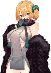 Rule 34 | 1girl, bad id, bad twitter id, bare shoulders, black coat, blush, breast cutout, breasts, coat, corn1l, covered mouth, cowboy shot, eyelashes, eyeshadow, fur, fur-trimmed coat, fur-trimmed gloves, fur trim, gloves, green eyes, green gloves, green scrunchie, grey shirt, hair between eyes, hair ornament, hairpin, hand up, large breasts, looking at viewer, makeup, mole, mole on cheek, off shoulder, one side up, orange hair, original, scrunchie, shirt, short hair, sidelocks, simple background, sleeveless, sleeveless shirt, solo, underboob, white background