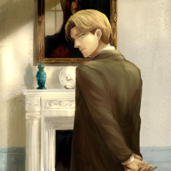 Rule 34 | 1boy, arms behind back, blonde hair, blue eyes, coat, fireplace, formal, from behind, johan liebert, looking back, male focus, monster (manga), painting (object), plate, smile, solo, suit, u-go2525