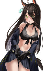 Rule 34 | 1girl, absurdres, ahoge, animal ears, bikini, black bikini, black choker, black gloves, black hair, black jacket, blush, breasts, choker, commentary request, cowboy shot, earrings, gloves, hair between eyes, highres, horse ears, horse girl, horse tail, jacket, jewelry, long hair, looking at viewer, manhattan cafe (umamusume), multicolored hair, open clothes, open jacket, open mouth, po musubi, single earring, small breasts, solo, streaked hair, swimsuit, tail, umamusume, undressing, white hair, yellow eyes