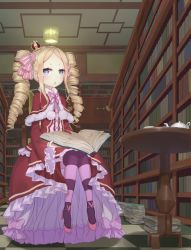 Rule 34 | 10s, 1girl, :o, bad id, bad nicoseiga id, beatrice (re:zero), blonde hair, blue eyes, blush, book, bookshelf, bug, butterfly, butterfly-shaped pupils, capelet, crown, cup, dress, drill hair, frilled dress, frilled sleeves, frills, fur trim, hair ribbon, hakuishi aoi, indoors, insect, long hair, long sleeves, mini crown, open book, pantyhose, pink shorts, re:zero kara hajimeru isekai seikatsu, ribbon, shorts, sitting, solo, striped clothes, striped pantyhose, symbol-shaped pupils, table, tea set, teacup, teapot, twin drills, twintails