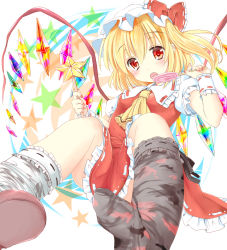 Rule 34 | 1girl, ascot, asymmetrical legwear, blonde hair, blush, bow, candy, dress, feet, flandre scarlet, food, hat, hat bow, licking, lollipop, looking at viewer, mismatched legwear, mob cap, open mouth, puffy short sleeves, puffy sleeves, ramudia (lamyun), red dress, red eyes, shirt, shoes, short sleeves, side ponytail, single shoe, sitting, solo, star (symbol), tongue, tongue out, touhou, wings, wrist cuffs