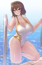 Rule 34 | 1girl, anis (nikke), bare shoulders, blush, breasts, brown eyes, brown hair, cleavage, collarbone, competition swimsuit, goddess of victory: nikke, gold one-piece swimsuit, grin, gudakoguda, highleg, highleg swimsuit, highres, large breasts, looking at viewer, one-piece swimsuit, short hair, smile, solo, swimsuit, thighs, two-tone swimsuit, wading, water, wet, white one-piece swimsuit