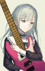 1girl 7-string_guitar absurdres bang_dream! bang_dream!_it&#039;s_mygo!!!!! black_choker black_dress chinese_commentary choker closed_mouth commentary_request corrupted_twitter_file dress electric_guitar frilled_choker frills green_hair green_ribbon guitar highres hugging_object instrument long_hair long_sleeves neck_ribbon plaid_clothes plaid_dress ribbon schecter_guitar simple_background solo trileo405 unmoving_pattern upper_body wakaba_mutsumi white_background yellow_eyes