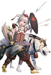 Rule 34 | 1girl, animal ears, armor, arrow (projectile), breastplate, commentary request, cookie (touhou), detached sleeves, dou, full body, hat, highres, holding, holding shield, holding sword, holding weapon, inu (cookie), inubashiri momiji, japanese armor, looking to the side, medium bangs, open mouth, pom pom (clothes), red eyes, shield, shin guards, shirt, short hair, simple background, sleeveless, sleeveless shirt, solo, suneate, sword, tail, tihami, tokin hat, touhou, v-shaped eyebrows, vambraces, walking, weapon, white background, white hair, white shirt, white sleeves, wolf, wolf ears, wolf girl, wolf tail