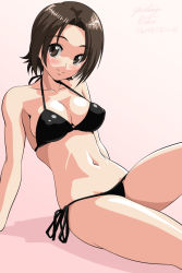 Rule 34 | 1girl, arm support, artist name, bikini, black bikini, blush, breasts, brown eyes, brown hair, cleavage, closed mouth, commentary, dated, girls und panzer, gradient background, head tilt, leaning forward, leg up, looking at viewer, matsui yasutsugu, medium breasts, navel, one-hour drawing challenge, parted bangs, pink background, sawa azusa, shadow, short hair, side-tie bikini bottom, signature, sitting, skindentation, smile, solo, swimsuit