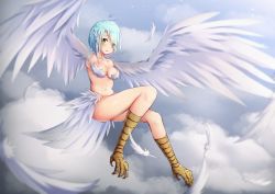 Rule 34 | bird legs, blue hair, blush, breasts, cloud, feather hair, feathered wings, feathers, green eyes, harpy, highres, medium breasts, monster girl, multicolored hair, original, purple hair, sky, solo, talons, thighs, two-tone hair, umou (may65879), white feathers, winged arms, wings