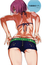 Rule 34 | 1girl, absurdres, alternate costume, ass, back, belt, bikini, bikini top only, breasts, denim, denim shorts, fate/grand order, fate (series), green belt, highres, looking back, mash kyrielight, medium breasts, micro shorts, pulled by self, purple eyes, purple hair, scan, short hair, short shorts, shorts, sideboob, simple background, solo, suna (sandworks), swimsuit, thighs, thong, whale tail (clothing), white background