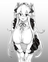 Rule 34 | 1girl, blush, bow, breasts, demon girl, demon horns, demon maid (houtengeki), gradient background, greyscale, hair bow, highres, horns, houtengeki, huge breasts, leaning forward, long hair, long sleeves, looking at viewer, maid, maid headdress, monochrome, open mouth, original, pointy ears, sidelocks, skirt, smile, thighs, twintails, very long hair