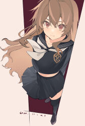 Rule 34 | 1girl, 3:, absurdres, aisaka taiga, arms behind back, black sailor collar, black serafuku, black shirt, black skirt, black thighhighs, blush, brown hair, closed mouth, colored eyelashes, commentary, eyebrows hidden by hair, floating clothes, floating hair, foreshortening, from above, frown, full body, hair between eyes, halftone, highres, loafers, long hair, long sleeves, looking at viewer, miniskirt, neckerchief, pleated skirt, red background, red eyes, sailor collar, school uniform, serafuku, shirt, shoes, sidelocks, simple background, skirt, solo, standing, symbol-only commentary, thighhighs, toradora!, tuzaixia, two-tone background, very long hair, white background, white neckerchief, zettai ryouiki