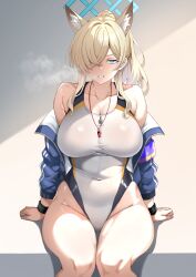 Rule 34 | 1girl, absurdres, animal ear fluff, animal ears, blonde hair, blue archive, blue eyes, blue halo, blue jacket, breasts, cleavage, clenched teeth, collarbone, competition swimsuit, dog ears, extra ears, feet out of frame, hair over one eye, halo, highres, jacket, kanna (blue archive), kanna (swimsuit) (blue archive), large breasts, long hair, looking at viewer, official alternate costume, one-piece swimsuit, open clothes, open jacket, ponytail, ranhatu, sitting, solo, swimsuit, teeth, white one-piece swimsuit