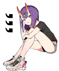 Rule 34 | 1girl, black shirt, blouse, bob cut, breasts, contemporary, ddari, eyeliner, fate/grand order, fate (series), grey shorts, headpiece, highres, horns, legs, looking at viewer, makeup, oni, purple eyes, purple hair, shirt, shoes, short hair, short shorts, short sleeves, shorts, shuten douji (fate), simple background, sitting, skin-covered horns, small breasts, smile, sneakers, white background