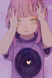 Rule 34 | 1girl, aqua eyes, hand on own face, hands on own head, heart, heart-shaped pupils, highres, kapura, long hair, looking at viewer, original, print shirt, purple background, purple hair, purple shirt, shirt, short sleeves, solo, symbol-shaped pupils, tears, upper body