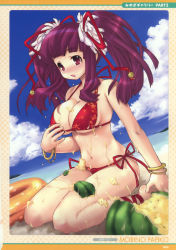 Rule 34 | 1girl, absurdres, bikini, breasts, cleavage, cloud, dutch angle, food, fruit, highres, image sample, innertube, large breasts, long hair, morino papiko, papimo, purple hair, red eyes, solo, swim ring, swimsuit, twintails, watermelon, wet