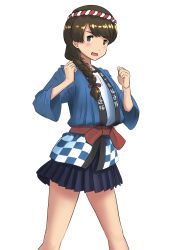 Rule 34 | 10s, 1girl, ao iro, blue skirt, braid, brown eyes, brown hair, clothes writing, hachimaki, hair over shoulder, happi, headband, highres, japanese clothes, kantai collection, long hair, open mouth, pleated skirt, red sash, sash, single braid, skirt, solo, standing, uranami (kancolle)
