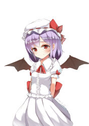 Rule 34 | 1girl, absurdres, anhao, arm ribbon, arms behind back, ascot, bat wings, bow, collared shirt, cowboy shot, dress, eyebrows, fang, frilled dress, frilled shirt, frilled shirt collar, frilled sleeves, frills, hat, hat ribbon, highres, looking at viewer, mob cap, puffy short sleeves, puffy sleeves, purple hair, red eyes, red ribbon, remilia scarlet, ribbon, shirt, short hair, short sleeves, simple background, skirt, skirt set, smile, solo, touhou, white background, wing collar, wings