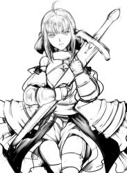 Rule 34 | 1girl, ahoge, armor, armored dress, artoria pendragon (fate), bare shoulders, blonde hair, bow, capcom, detached sleeves, dress, fate/stay night, fate/unlimited codes, fate (series), gauntlets, greyscale, hair bow, monochrome, ponytail, sabata yuki, saber (fate), saber lily, sheath, sheathed, solo, sword, thighhighs, tori (driftwood), weapon