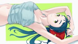 Rule 34 | 1girl, absurdres, ahoge, armpits, bad id, bad twitter id, bare arms, bare shoulders, blue hair, blush, bow, breasts, camisole, collarbone, commentary request, green eyes, hair bow, hair ribbon, highres, irako (kancolle), kantai collection, long hair, looking at viewer, lying, medium breasts, navel, ojipon, on back, ponytail, ribbon, simple background, smile, solo, upper body