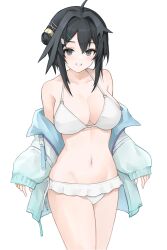 Rule 34 | 1girl, absurdres, ahoge, arknights, bare shoulders, bikini, black eyes, black hair, blue jacket, breasts, cleavage, commentary request, cowboy shot, grin, hair intakes, highres, jacket, la pluma (arknights), la pluma (summer flowers) (arknights), large breasts, long sleeves, looking at viewer, navel, off shoulder, official alternate costume, open clothes, open jacket, rain (rain8649), short hair, simple background, smile, solo, standing, stomach, swimsuit, thighs, white background, white bikini