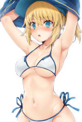 Rule 34 | 1girl, absurdres, artoria pendragon (fate), bikini, blonde hair, blue eyes, blush, breasts, clothes lift, commentary request, fate/grand order, fate (series), hat, highres, jacket, jacket lift, looking at viewer, medium breasts, mysterious heroine x (fate), mysterious heroine xx (fate), navel, nose blush, open mouth, parted lips, ponytail, samoore, short hair, side-tie bikini bottom, solo, stomach, swimsuit, white background, white bikini