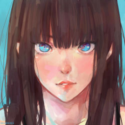Rule 34 | 1girl, 2girls, artist name, blue background, blue eyes, brown hair, character request, commentary, english commentary, highres, ilya kuvshinov (style), k1ruse, looking at phone, multiple girls, original, phone, portrait, simple background, solo
