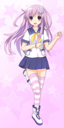 Rule 34 | 10s, 1girl, :d, alternate costume, d-pad, gabriel evangel, gradient background, hair ornament, highres, long hair, looking at viewer, nepgear, neptune (series), open mouth, pink hair, purple eyes, school uniform, serafuku, smile, solo, striped clothes, striped thighhighs, thighhighs