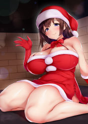 Rule 34 | 1girl, bare shoulders, blue eyes, blush, breasts, brown hair, cleavage, closed mouth, dress, elbow gloves, fur-trimmed dress, fur trim, gloves, hat, highres, large breasts, looking at viewer, medium hair, oohira sunset, original, red dress, red gloves, red hat, santa hat, short dress, sitting, smile, solo, thick thighs, thighs, wariza