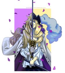 Rule 34 | 1boy, blonde hair, blue eyes, cavendish, coat, coat on shoulders, cowboy hat, cropped legs, curly hair, dark persona, empty eyes, grin, hat, highres, holding, holding sheath, holding sword, holding weapon, keysandcrosses, long hair, male focus, one piece, open clothes, open shirt, sheath, smile, solo, split theme, sword, sword in front of face, tareme, three-toned background, tsurime, v-shaped eyes, very long hair, weapon