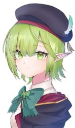 Rule 34 | 1girl, aoi (princess connect!), aoi (transfer student) (princess connect!), beret, black hoodie, bow, bowtie, close-up, closed mouth, elf, green bow, green bowtie, green eyes, green hair, hat, highres, hood, hooded coat, hooded jacket, hoodie, jacket, long bangs, looking at viewer, pointy ears, portrait, princess connect!, school uniform, shiroue tomari, shirt, short hair, simple background, solo, st. theresa&#039;s girls academy school uniform, white background, white shirt