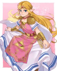 Rule 34 | 1girl, armor, artist name, bead necklace, beads, blonde hair, blue eyes, bracer, breasts, circlet, closed mouth, collarbone, dress, earrings, forehead jewel, highres, ivy (sena0119), jewelry, long dress, long hair, looking at viewer, necklace, nintendo, pink dress, pointy ears, princess zelda, short sleeves, shoulder armor, skirt hold, small breasts, smile, solo, the legend of zelda, the legend of zelda: a link between worlds, tiara, triangle earrings, triforce, triforce earrings, triforce print, white dress