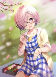 Rule 34 | 1girl, bento, black-framed eyewear, blurry, blurry background, blush, checkered clothes, checkered dress, collarbone, commentary request, dress, fate/grand order, fate (series), food, fork, glasses, hair over one eye, harimoji, highres, hood, hoodie, mash kyrielight, mash kyrielight (senpai killer outfit), official alternate costume, omelet, open hand, open mouth, outdoors, petals, picnic, purple eyes, purple hair, semi-rimless eyewear, short hair, sitting, smile, sweater, tamagoyaki, yellow sweater