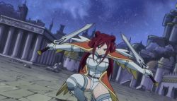 Rule 34 | 2girls, animated, animated gif, ass, battle, breasts, brown eyes, cape, double bun, dual wielding, epic, erza knightwalker, erza scarlet, fairy tail, fantasy, hair bun, holding, lance, large breasts, legs, leotard, long hair, multiple girls, planet, polearm, red hair, scar, short hair, star (symbol), sword, thighhighs, transformation, weapon