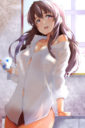 Rule 34 | 1girl, alternate breast size, bare shoulders, breasts, brown eyes, brown hair, cleavage, collarbone, commentary request, cup, hattori toko, highres, holding, holding cup, idolmaster, idolmaster cinderella girls, indoors, kon5283, large breasts, long hair, naked shirt, open mouth, shirt, smile, solo