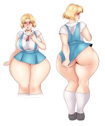 Rule 34 | 1girl, absurdres, akagi ritsuko, ass, blonde hair, blush, breasts, brown eyes, curvy, earrings, full-face blush, highres, huge ass, jewelry, large breasts, lips, mole, neon genesis evangelion, plump, shiny skin, short hair, simple background, skirt, solo, sunnysundown, thick thighs, thighhighs, thighs, wide hips