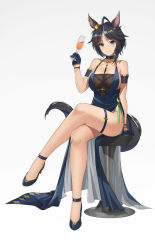 Rule 34 | ahoge, animal ears, bar stool, black collar, black hair, blue dress, blue eyes, breasts, champagne flute, cleavage, collar, collarbone, covered navel, crossed legs, cup, dress, drinking glass, ear ornament, fuji kiseki (umamusume), halter dress, halterneck, high heels, highleg, highleg dress, holding, holding cup, horse ears, horse girl, horse tail, large breasts, layered dress, looking at viewer, see-through, short hair, side slit, simple background, sitting, smile, stool, tail, teeth, thigh strap, umamusume, vococo, white background