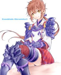 Rule 34 | 1girl, armor, aya (ay oekaki), blush, gloves, long hair, looking at viewer, lora (xenoblade), nintendo, parted lips, pauldrons, red hair, short hair, shoulder armor, simple background, smile, solo, xenoblade chronicles (series), xenoblade chronicles 2, xenoblade chronicles 2: torna - the golden country, yellow eyes